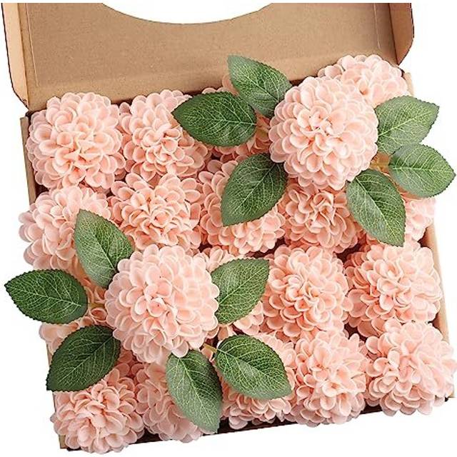Artificial Dahlia Flowers 20pcs Pink Fake Foam Roses with Leaves and Stems, DIY Dahlia Foam Flower for Wedding Bouquets Floral Centerpieces