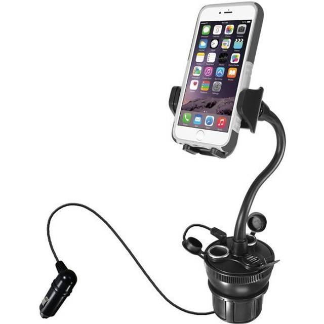 Macally MCUPPOWER 8-Inch (20 Centimeter) Super-Long Adjustable Car Cup Mount Phone Holder with 2 USB Ports and 2 Cigarette Lighter Sockets
