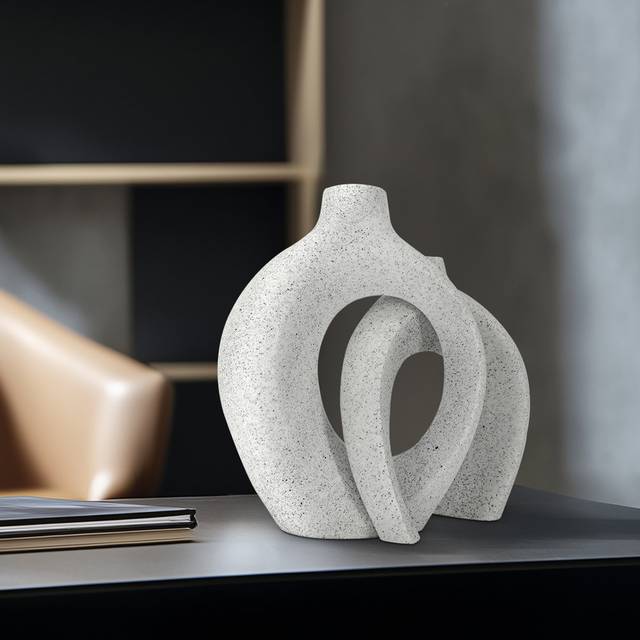 2-In-1 Nordic Style Table Vase For Flowers Off-White Resin Donut Vase For Pampas Grass Hollow Irregular Vase For Living Room (23.5cm H X 23cm W X 4.5cm D)