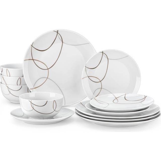 12 Piece Porcelain China Dinnerware Set - Service for 4 - White;Grey (12)