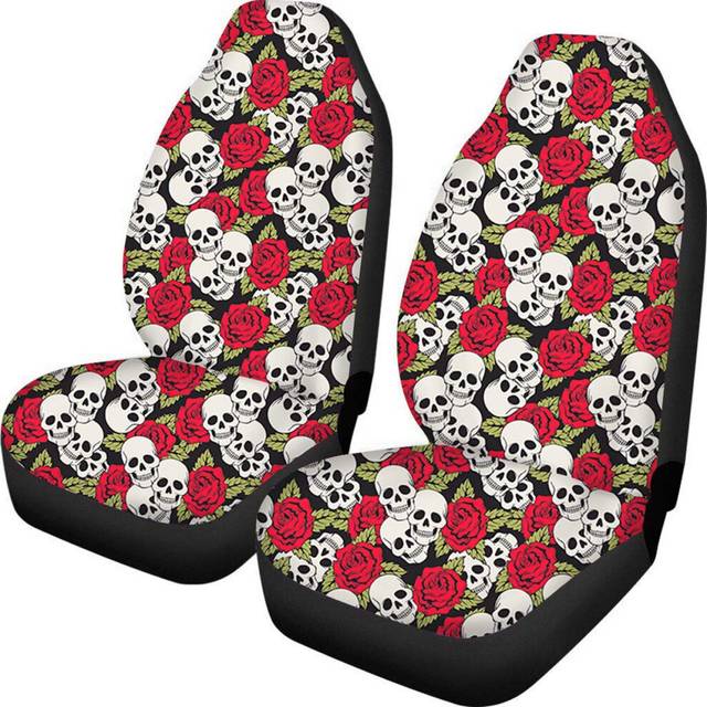 (Skull & Rose) Car Front Seat Covers Fabric Cases Protector General For Sedan SUVs