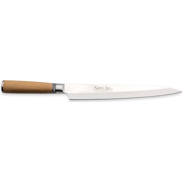 Katana Saya Damascus Steel Yngi Sashimi Kitchen Knife with Olive Handle & Wooden Sheath, 24cm
