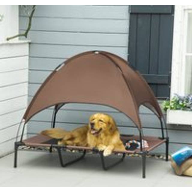 PawHut Raised Dog Bed Waterproof Elevated Pet Cot with Breathable Mesh UV Protection Canopy Coffee
