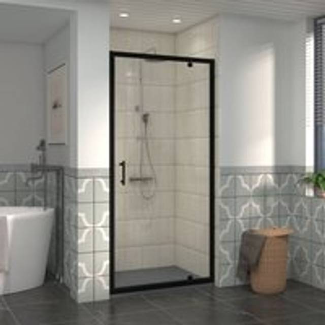 NRG - 900mm Black Framed Bathroom Shower Enclosures Pivot Door with 1000x900mm smc Rectangle Shower Tray Anthracite
