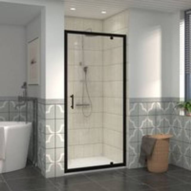 900mm Black Framed Bathroom Shower Enclosures Pivot Door with 900x700mm smc Rectangle Shower Tray White - NRG