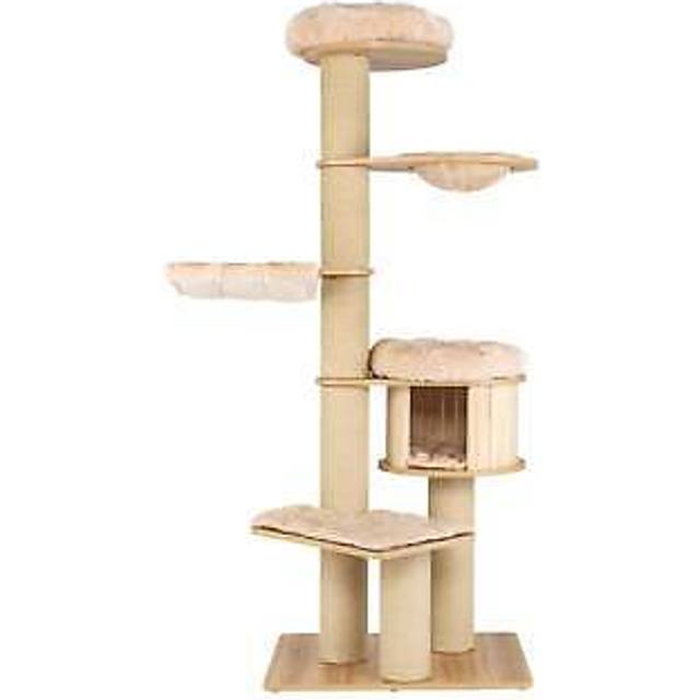 Multi-level cat tree with plush perch, padded platform, basket bed