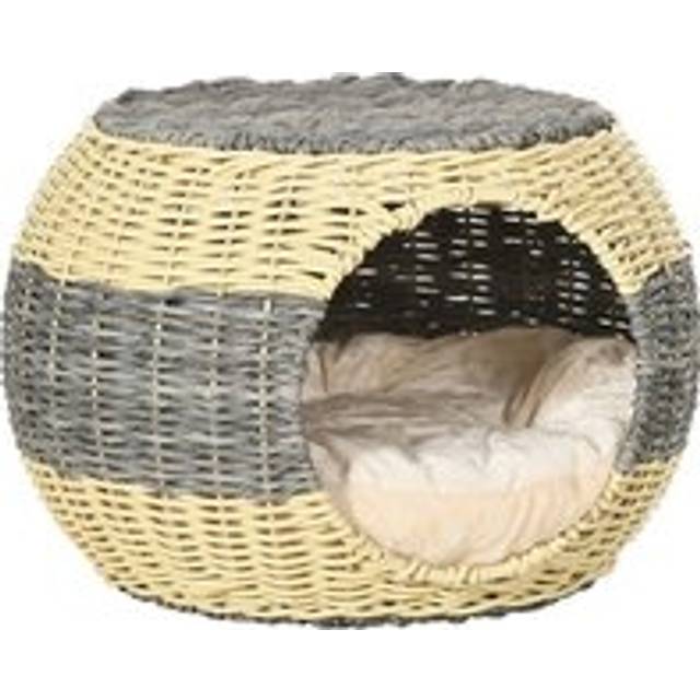 Pawhut Wicker Cat House Rattan Raised Cat Bed Cosy Kitten Cave With Soft Washable Cushion Diameter 40 X 30cm