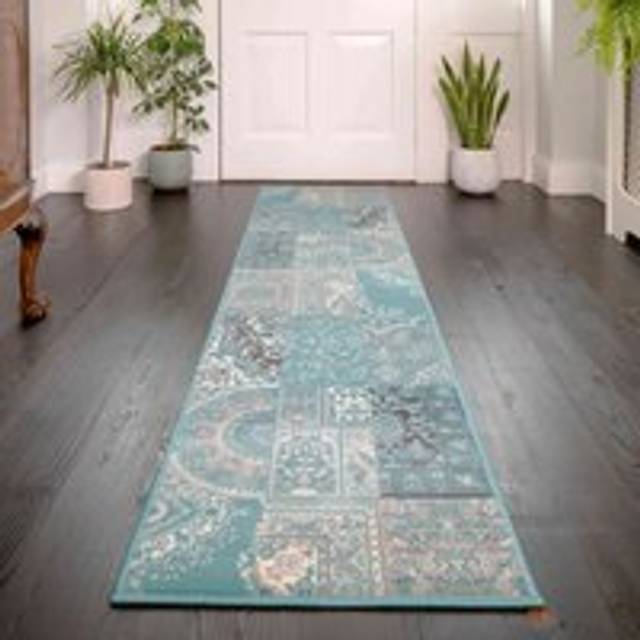 Duck Egg Traditional Patchwork Living Room Rug - Milan - 80cm x 150cm - Blue
