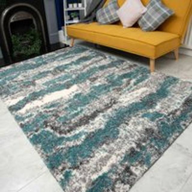 Blue Grey Cloud Mottled Shaggy Living Room Rug - Murano - 80cm x 150cm