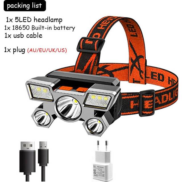 (B Packing) 5LED with Built-in 18650 Battery USB Rechargeable Portable Flashlight Lantern Headlamp Outdoor Camping Headlight Headlamps