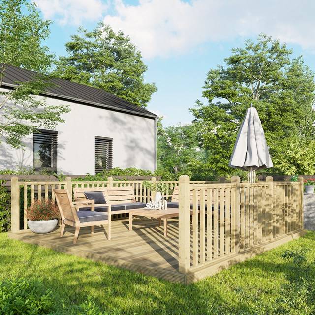 Powersheds Treated Timber Decking Kit (c/w 3 Handrails) 14ft x 14ft - Light Brown