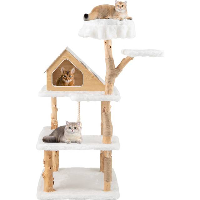 149 cm Tall Solid Wood Cat Tree with 2 Perches Condo and Jute Scratching Posts-White