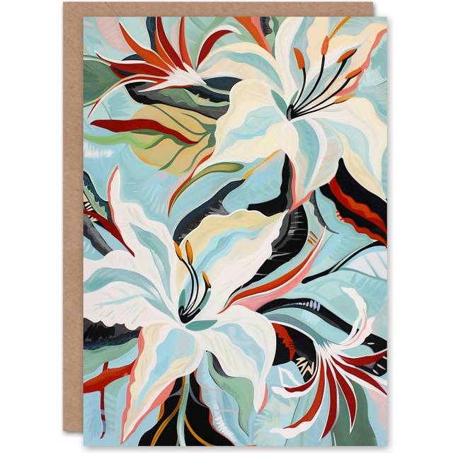 Artery8 Oriental Lily Flower Bouquet Abstract Floral Birthday Art Card in Blue