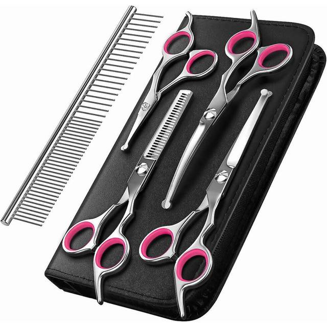 (Pink) Professional Pet Dog Grooming Combs Scissors Kit Straight Curved Thinning Shears