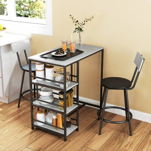 HOMCOM 3 Piece Breakfast Bar Table Set with Storage Shelves, Light Grey