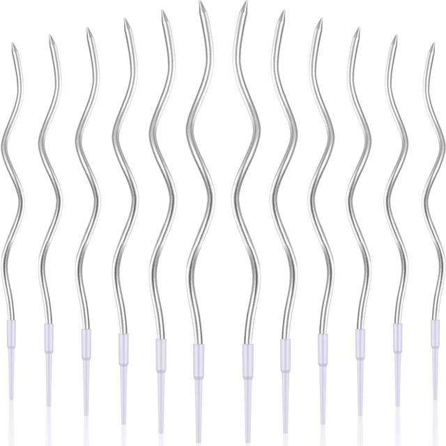 12 Twisted Birthday Candles Spiral Cake Candles Metallic Cupcake Cake Candles Thin Long Cake Candles with Holders (Silver)