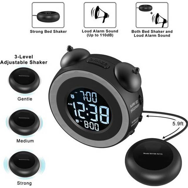 Loud Dual Alarm Clock with Bed Shaker, Vibrating Alarm Clock for Heavy Sleepers or Hearing Impaired, USB Charging Port,Smart Digital Alarm Clocks