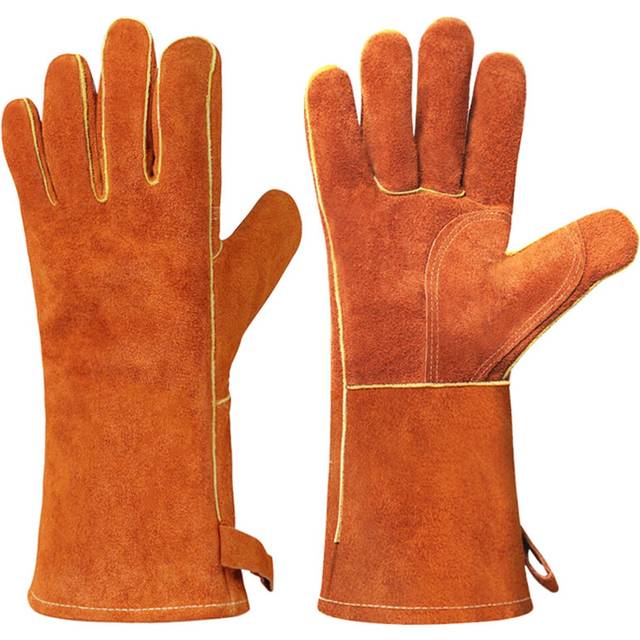 Leather BBQ Gloves, Xndryan 14 IN Extreme Heat Resistant Gloves Fire Proof Gloves for Barbecue, Grill, Fireplace, Oven, Baking, Stove, Welding,