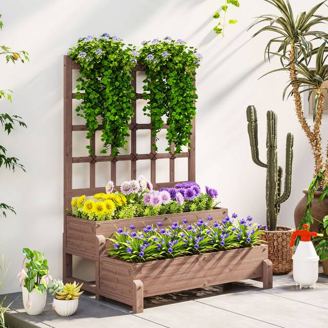 2-Tier Wooden Raised Bed with Trellis and Drainage Holes, Brown - Outsunny