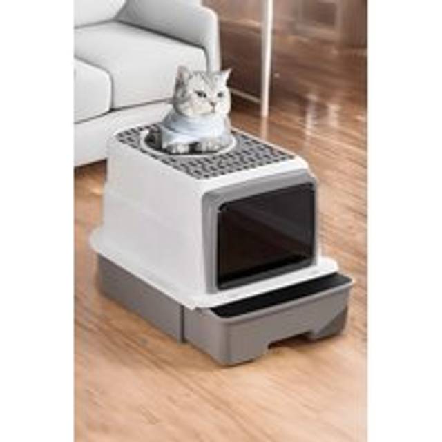 Grey Large Hooded Top Entry Cat Litter Box with Scoop - One Size