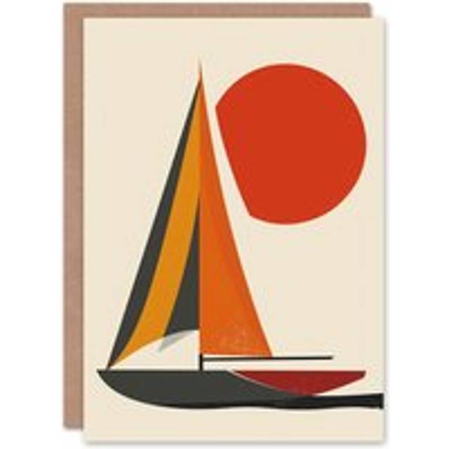 Mid Century Modern Sail Boat Sunset Sun Painting Birthday Card
