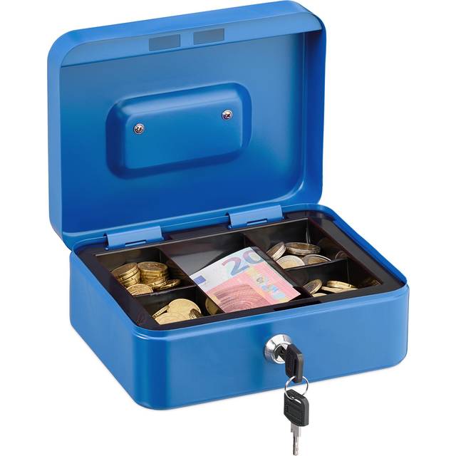 Relaxdays - Cash box lockable, removable insert, 5 compartments, iron money box, HxWxD: 8.5 x 20 x 17 cm, blue