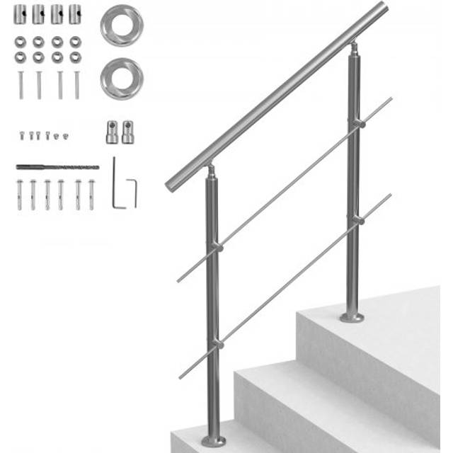 Handrails for Outdoor Steps, 39.4 in Length 2 Crossbars Stair Hand Rail Kit, Transitional Stainless Steel Railings w/ Installation Kit, Double-column