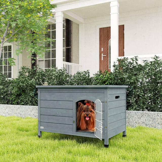 PawHut Wooden Dog House, Dog Kennel w/ Removable Bottom, Dark Grey