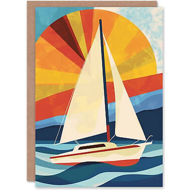 Abstract Orange Red Blue Sailing Sail Boat Sunset Birthday Card
