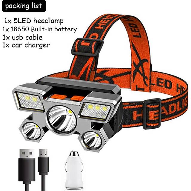(C Packing) 5LED with Built-in 18650 Battery USB Rechargeable Portable Flashlight Lantern Headlamp Outdoor Camping Headlight Headlamps