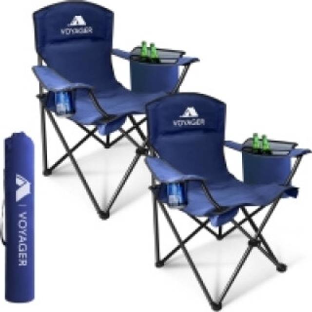 Voyager Folding Camping Chairs 2 Pack with Cooler Bag Steel Frame Blue