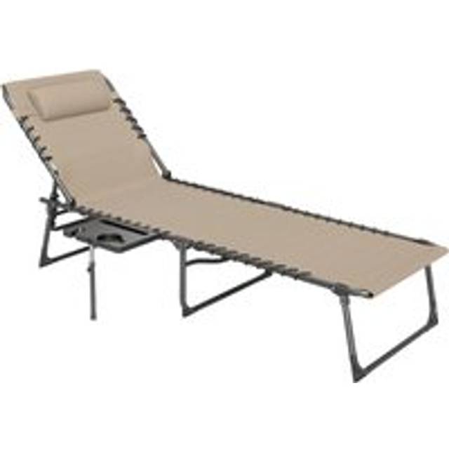 Outsunny Folding Sun Lounger with 5-Level Reclining Back, Side Table, Beige, Brown