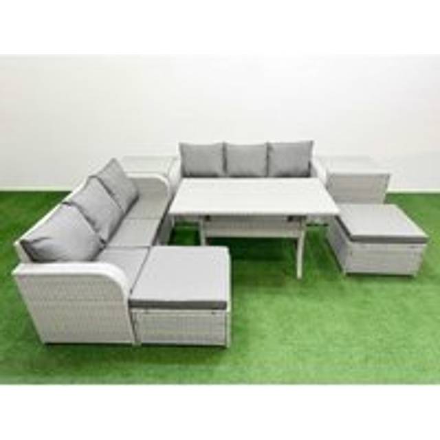 Fimous Outdoor Garden Furniture Sets 8 Seater Wicker Rattan Furniture Sofa Sets with 2 Big Footstool 2 Side Table Light Grey