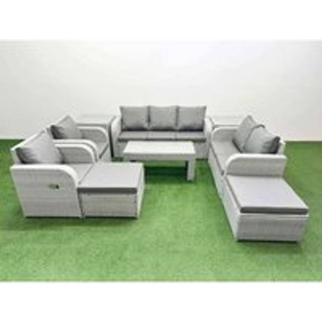 Fimous PE Rattan Garden Furniture Set Adjustable Chair Sofa Double Love Seat 2 Seater Sofa Lounge Set 2 Big Footstool 2 Side Table