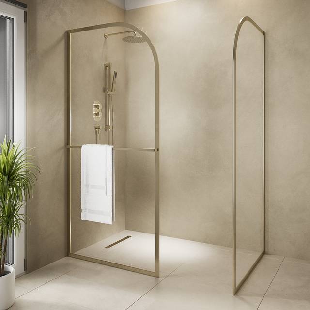1400x800mm Brushed Brass Curved Glass Wet Room Shower Screen Enclosure with Towel Rail- Raya
