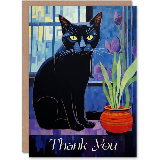Thank You Greeting Card Black Cat Lover Tulip Flowers Painting For Her