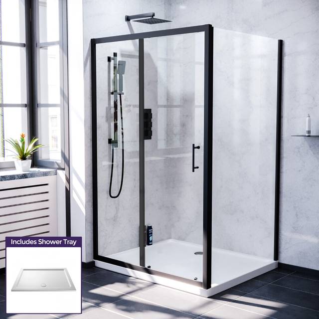 Nes Home 1400 x 900mm Shower Sliding Door, Frameless Glass Side Panel & Tray