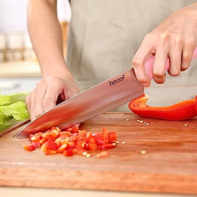 Knife Set with Wooden Block Stainless Steel Knife Set with Scissors, Chef Knife, Slicing Knife, Bread Knife, Utility Knife, Paring Knife (Pink)