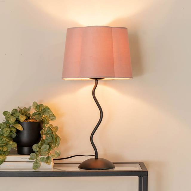 Wiggle Black Metal Single Stem Table Lamp with Velvet Scallop Lamp Shade - Baby Pink - One Size