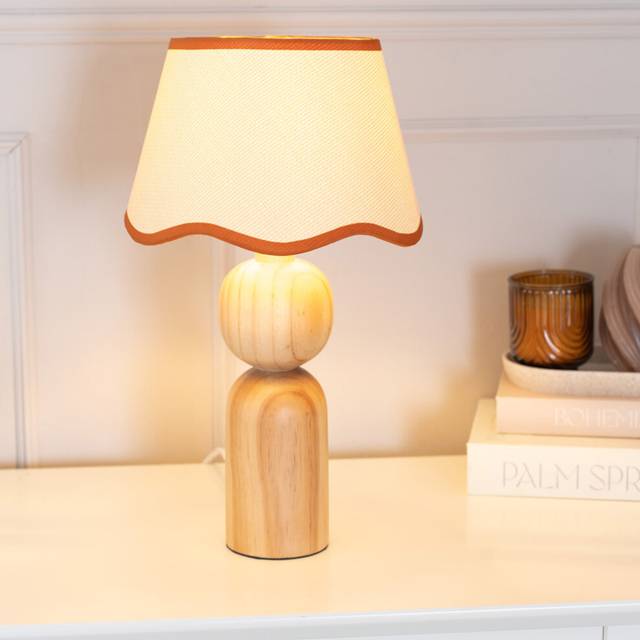 Azalea Rustic Wooden Table Lamp with Linen Scallop Rust Trim Edge Shade