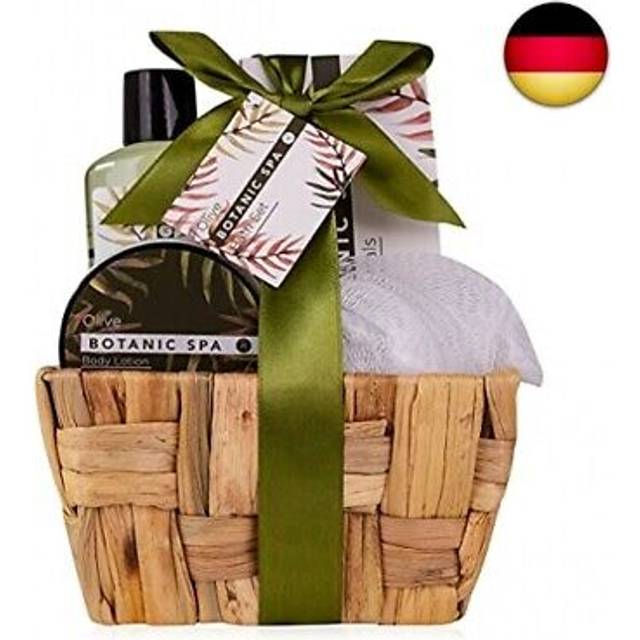 Accentra - badset dam OLIVE SPA i sjögräskorg - 4-delat vårdset med duschgel, badsalt, bodylotion & nätsvamp - wellness presentset för födelsedagar, alla hjärtans dag & jul