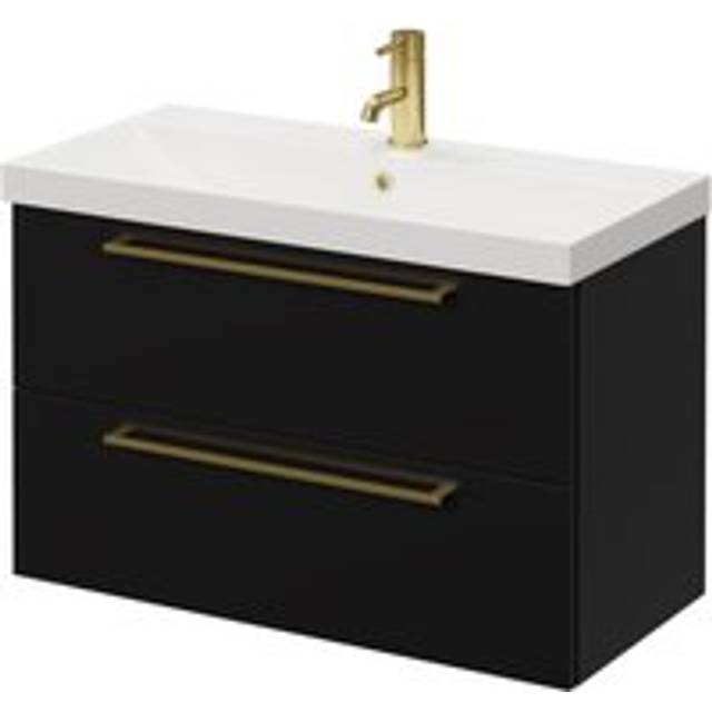 Napoli Wall Mounted Vanity Unit with 1 Tap Hole Slim Edge Basin and 2 Drawers with Brushed Brass Handles | Matt Black | MFC | 800mm