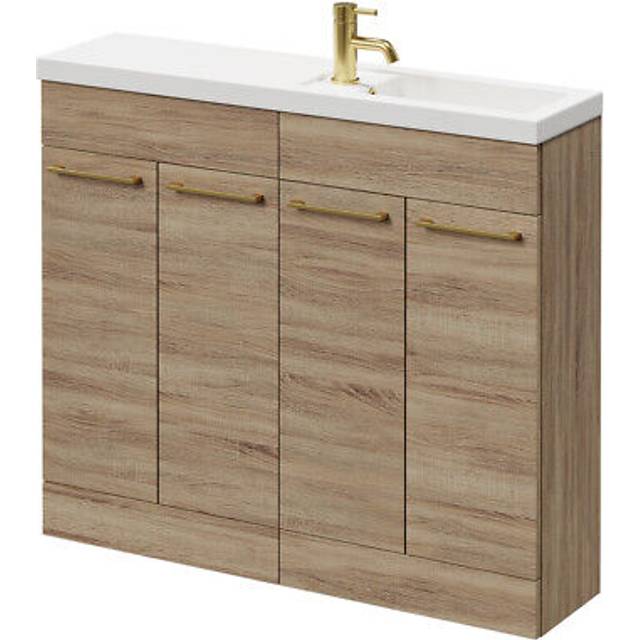 Napoli Combination Floor Standing Vanity Unit with Slimline 1 Tap Hole Basin and 4 Doors with Brushed Brass Handles | Bordalino Oak | MDP | 1000mm