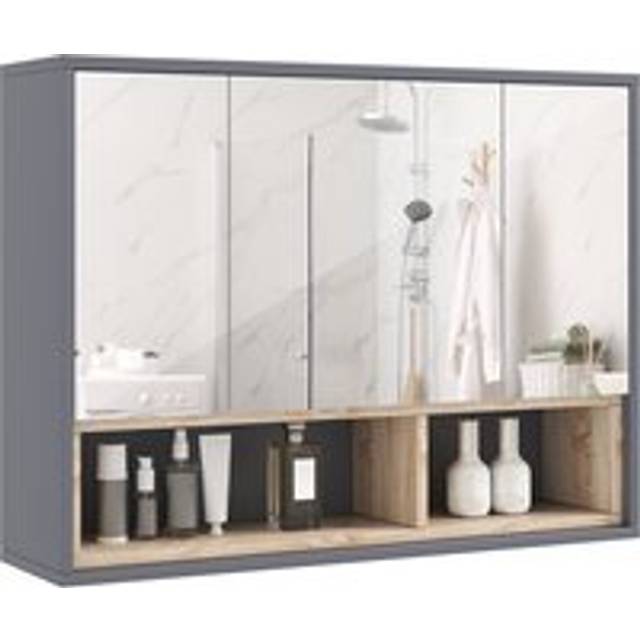 Homcom Bathroom Mirror Cabinet, Wall Mounted Bathroom Cabinet With Mirror, 3 Doors And Cupboards, Grey