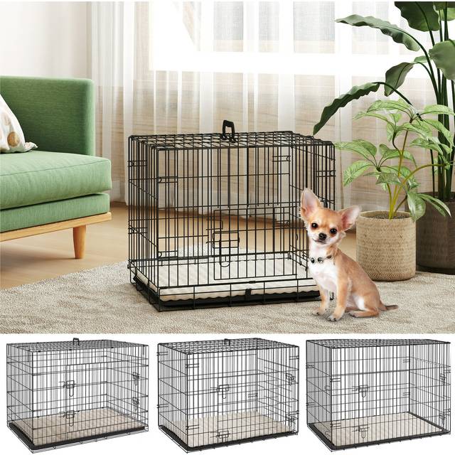 PawHut Dog Crate with 2 Doors with Tray, Soft Cushion, Foldable Metal Dog Cage for Extra Small Dogs, 60 x 40 x 50, Black