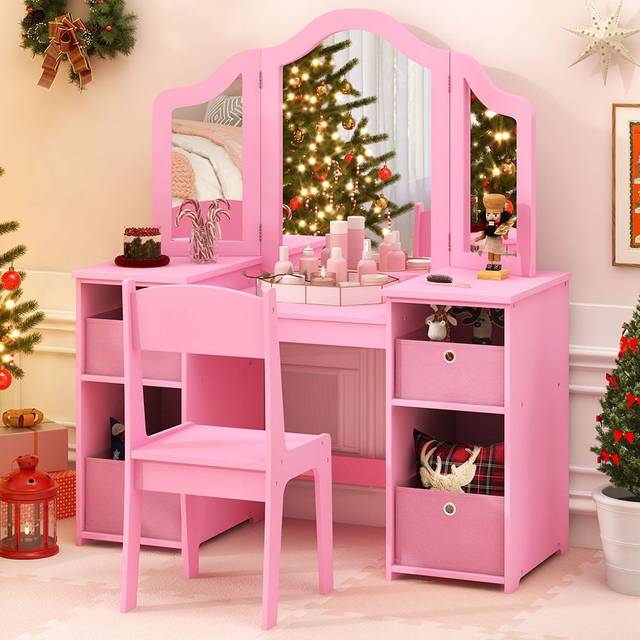 Kids Vanity Table and Chair Set with 3 Removable Mirrors and 4 Storage Bins for Children-Pink