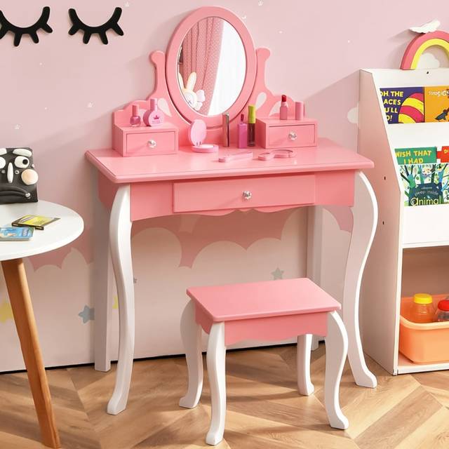Costway Kids Pink Vanity Table and Chair Set with Rotatable Mirror - 80 x 43 x 31cm