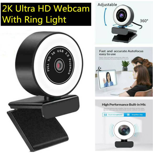 2K HD Autofocus USB 2.0 Webcam With LED Ring Light 360 Adjustable For PC/Laptop