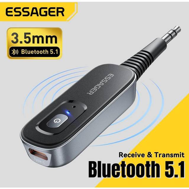 Essager 2-i-1 Bluetooth Audio Receiver Sändare Trådlös Bluetooth 5.1 3.5mm AUX Audio Adapter Stereo för hörlurar TV Bil grå