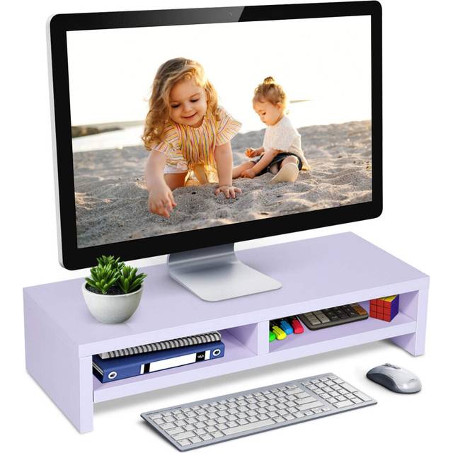 Simple Wood Monitor Riser Stand, 2 Tier PC Laptop Notebook Stand Shelf with 3 Storage Grid, 50*20*11.7cm Large Monitor Stand, Non-slip Stable Solid